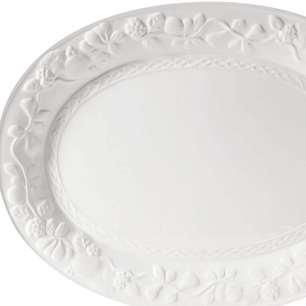 White Ceramic Oval Serving Platter with Embossed Border
