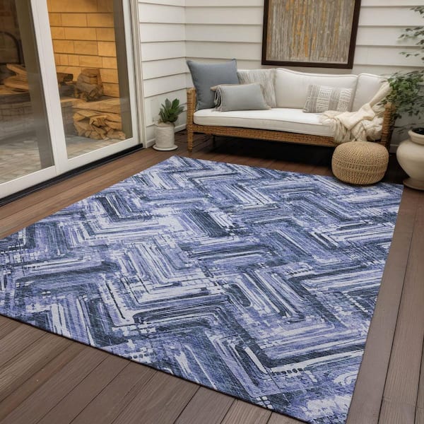 Navy Blue, Sky Blue 9 ft. x 12 ft. Woven Geometric Polyester Rectangle Indoor/Outdoor Area Rug