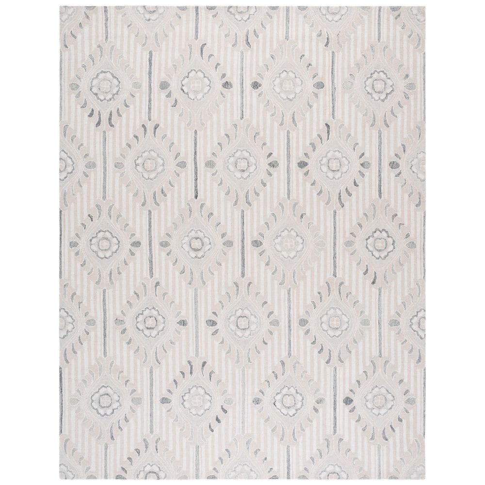 Beige and Ivory Floral Handmade Wool Cotton 8' x 10' Rug