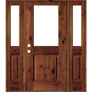 64 in. x 80 in. Rustic Alder Wood Clear Half-Lite Red Chestnut Stain Right Hand Single Prehung Front Door/Sidelites