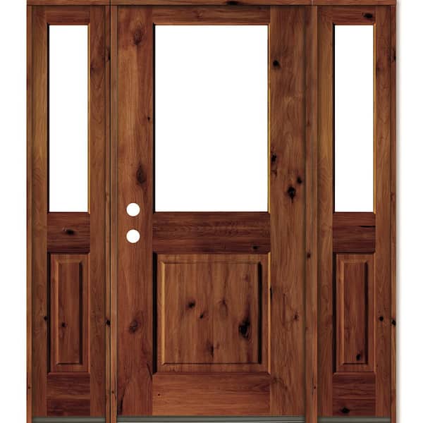 Krosswood Doors 64 in. x 80 in. Rustic Alder Wood Clear Half-Lite Red Chestnut Stain Right Hand Single Prehung Front Door/Sidelites