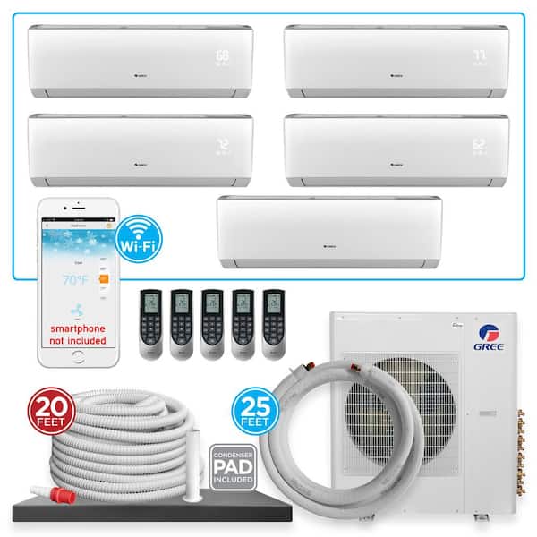GREE Multi-21 5 Zone 40944 BTU Wi-Fi Ductless Mini Split Air Conditioner & Heat Pump with 25 ft. Install Kit-230V/60Hz