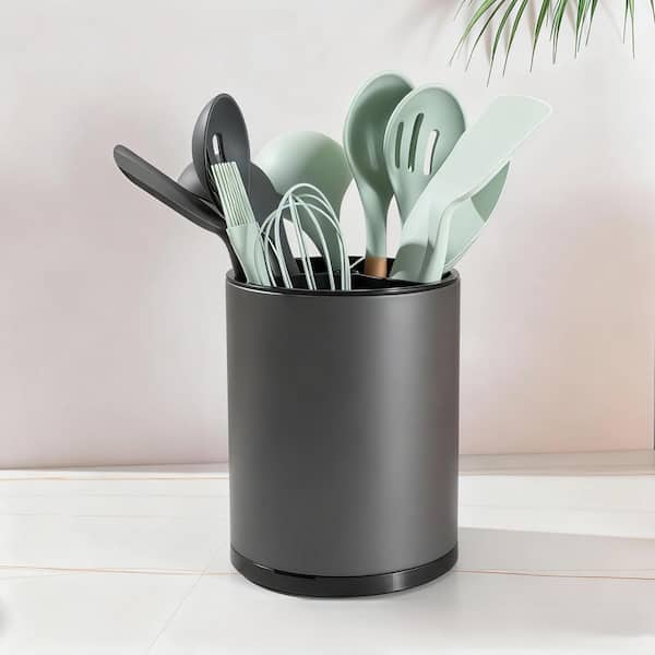 Gray Extra Large 360° Rotating Stainless Steel Kitchen Utensil Holder, 3 Compartment