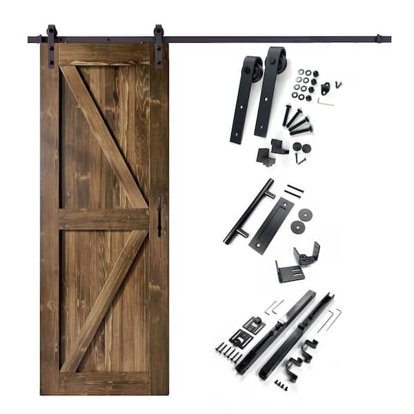 HOMACER 34 in. x 84 in. K-Frame Walnut Solid Pine Wood Interior Sliding Barn Door with Hardware Kit, Non-Bypass