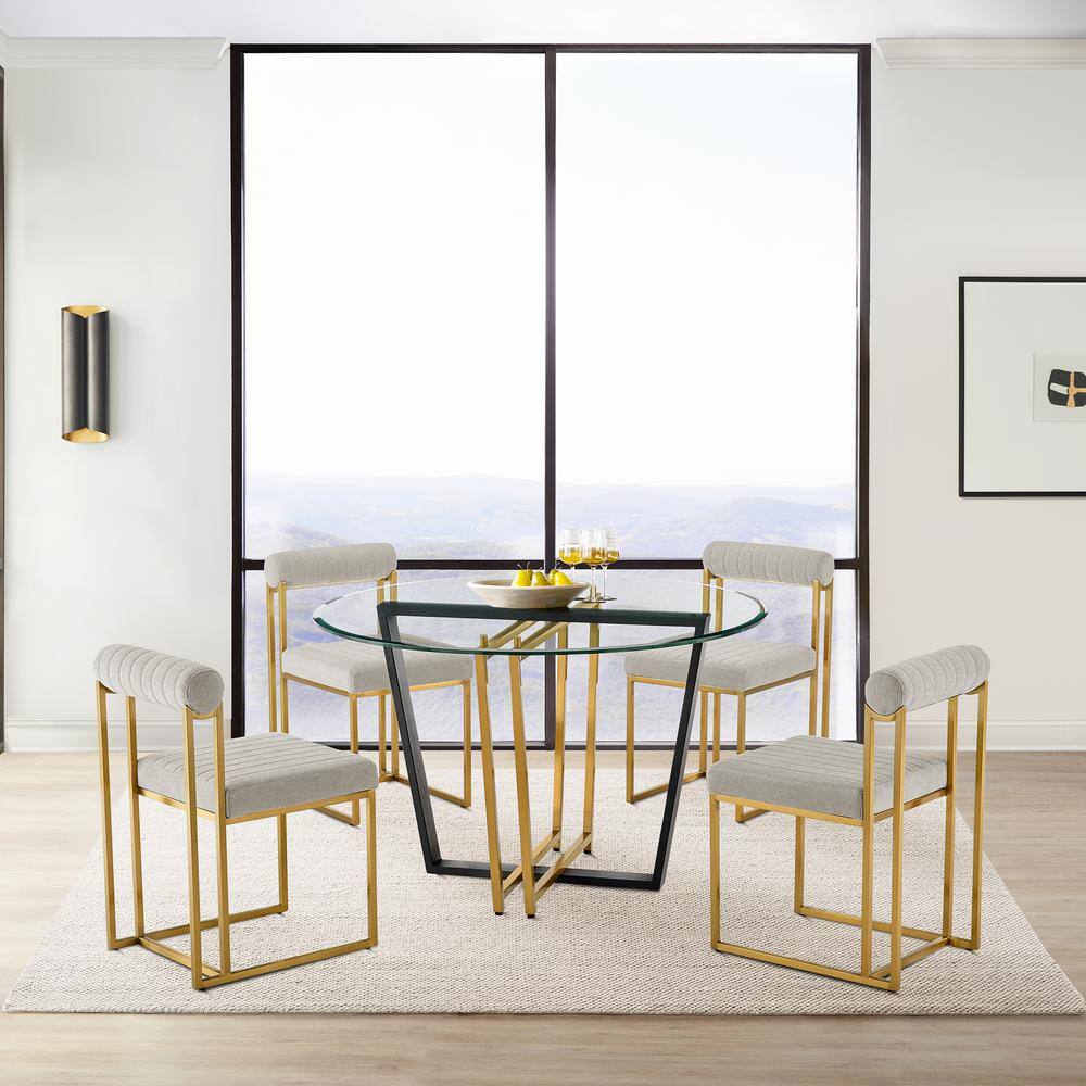 48" Round Glass Top Dining Table with Gold and Black Metal Base