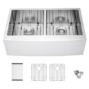 16-Gauge Stainless Steel 33 in. Double Bowl Farmhouse Apron Kitchen Sink with Bottom Grid