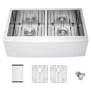 18-Gauge Stainless Steel 36 in. Double Bowl Farmhouse Apron Kitchen Sink with Bottom Grid