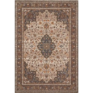 Lourdes Natural/Ocean 2 ft. 8 in. x 2 ft. 8 in. Round Distressed Oriental Area Rug