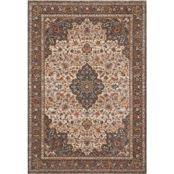 LOLOI II Lourdes Natural/Ocean 2 ft. 8 in. x 2 ft. 8 in. Round Distressed Oriental Area Rug