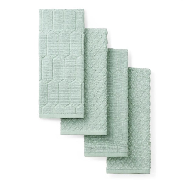 MARTHA STEWART Honeycomb Chambray Solid Textured 16 in. x 28 in. Honeycomb Mint Green Cotton Kitchen Towel Set (4-Piece)