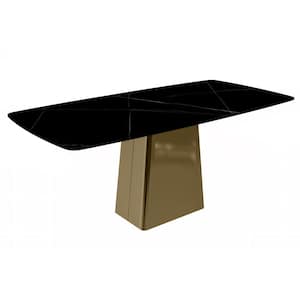 Quinix Modern 62" Rectangular Dining Table with Sintered Stone Top and Gold Pedestal Steel Base in Black/Gold
