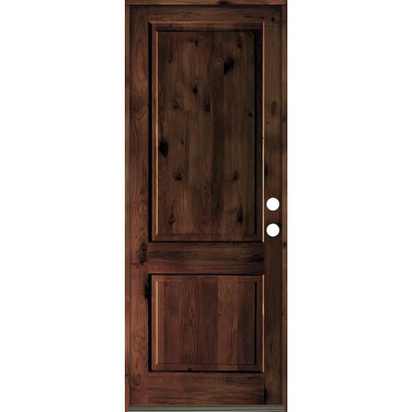 Krosswood Doors 32 in. x 96 in. Rustic Knotty Alder Square Top Red Mahogony Stain Left-Hand Inswing Wood Single Prehung Front Door