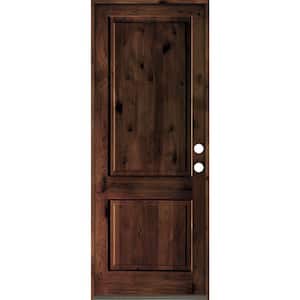 36 in. x 96 in. Rustic Knotty Alder Square Top Red Mahogany Stain Left-Hand Inswing Wood Single Prehung Front Door