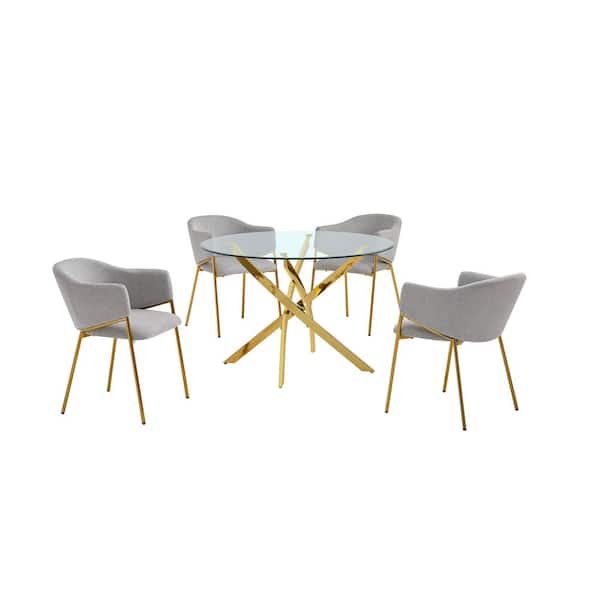 Best Quality Furniture Poly 5-Piece Clear Tempered Glass Top with Gold Chrome Base Dining Set with 4-Grey Linen Chairs