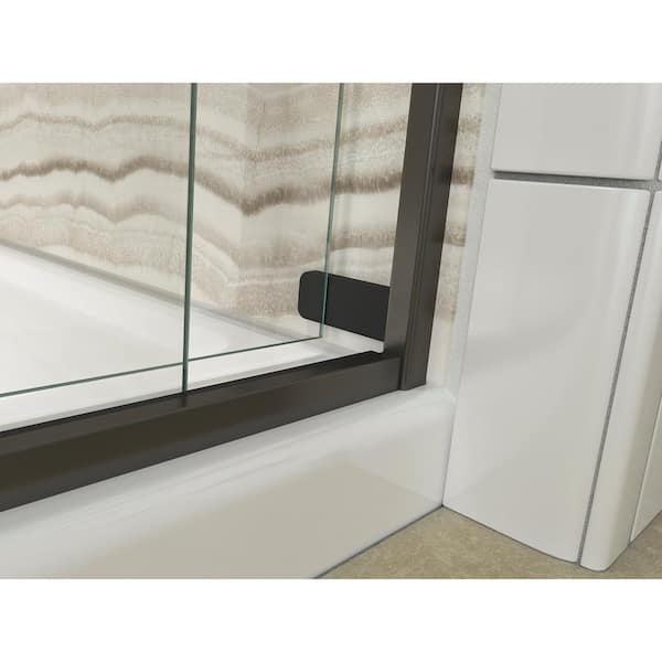 Levity 56-60 in. W x 60 in. H Frameless Sliding Tub Door with Towel Bars in Anodized Dark Bronze
