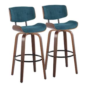 Lombardi 30.5 in. Teal Noise Fabric, Walnut Wood and Black Metal Fixed-Height Bar Stool Round Footrest (Set of 2)