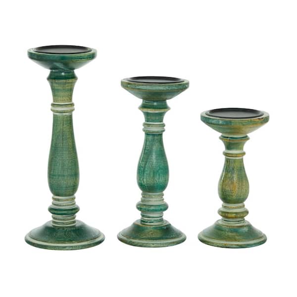 Litton Lane Green Wood Candle Holder (Set of 3) 24831 - The Home Depot