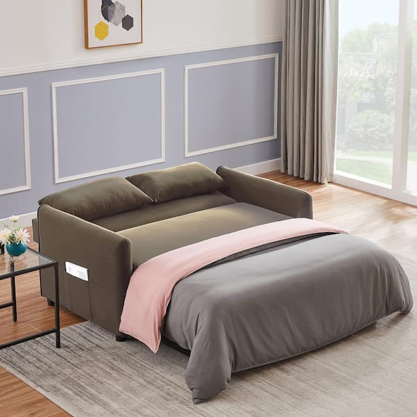 KINWELL 57.1 in. Brown Multifunctional Full-Size Soft Velvet Sofa Bed Reversible Sleeper with 2-Pillows