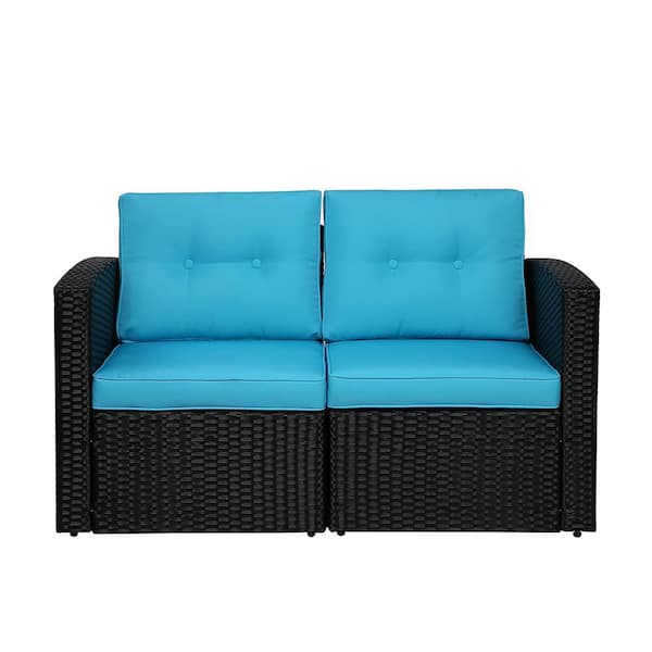 SUNVIVI 2-Piece Wicker Outdoor Couch with Blue Non-Slip Cushions