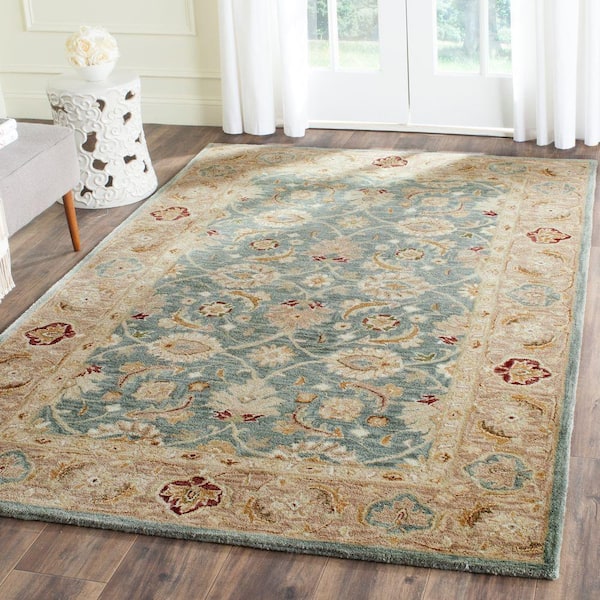 Antiquity Teal Blue/Taupe 6 ft. x 9 ft. Border Area Rug