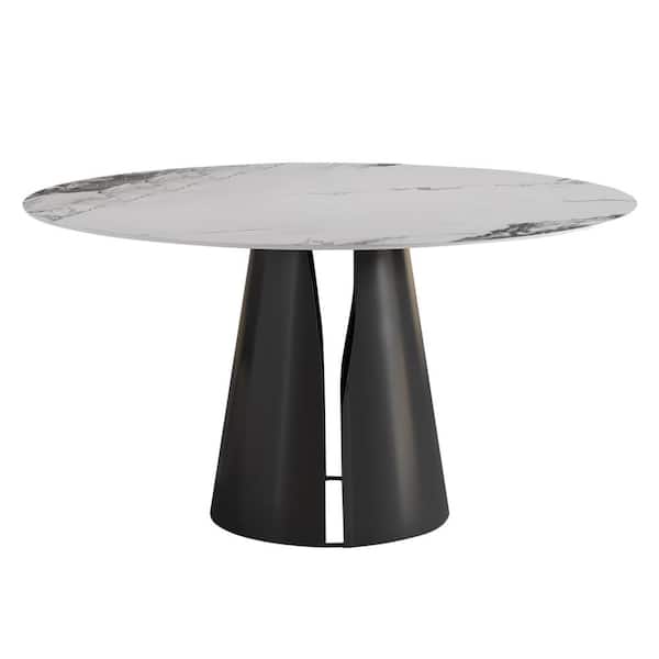 Lesly Modern Round Jade White Patek Philippe Stone Top 53.15 in. Carbon Steel Black Pedestal Base Dining Table (4-Seats)