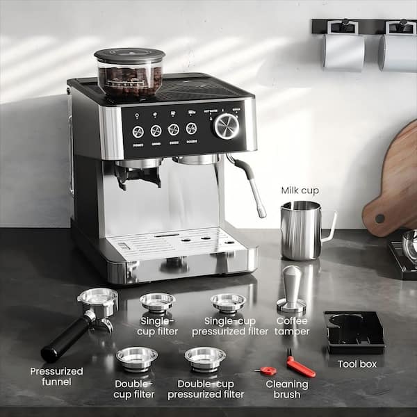 2- Cup Silver/Brushed Stainless Steel All in One 15 Bar Espresso Machine with Grinder and Powerful Steam Wand