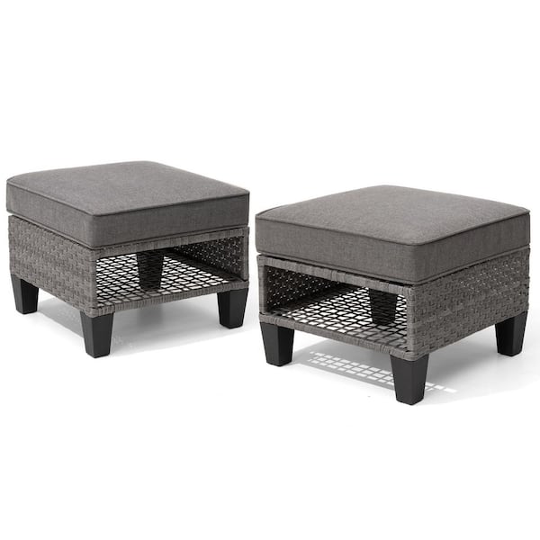 Pellebant All-Weather Multipurpose Wicker Outdoor Patio Ottoman with Removable Gray Cushions (2-Pack)