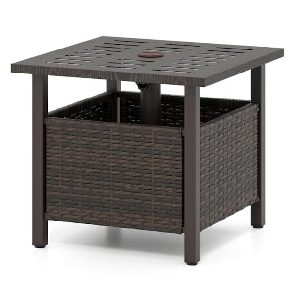 265 lb. Rattan Patio Umbrella Base in Coffee, Umbrella Stand Outdoor Side Table with Umbrella Hole 1.5 in. to 1.93 in.