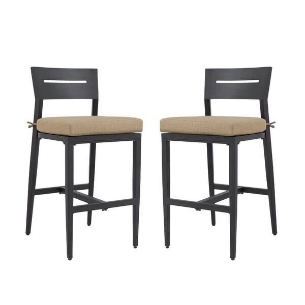 Black Aluminum Outdoor Bar Stool with Light Brown Cushion, Ergonomic Backrest, Tapered Legs and Footrest (2-Pack)