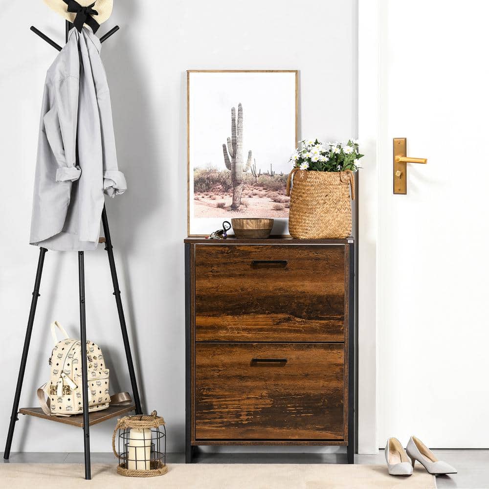 Rustic Brown Wood and Metal Slim Shoe Cabinet with 2 Flip Doors