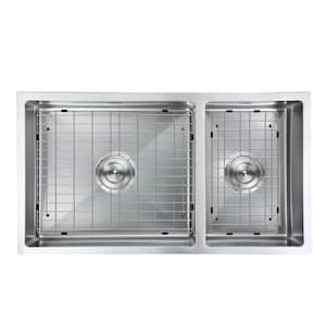 Prestige Series Undermount 32 in. Double Bowl Kitchen Sink in Satin Stainless Steel with Grids and Strainers