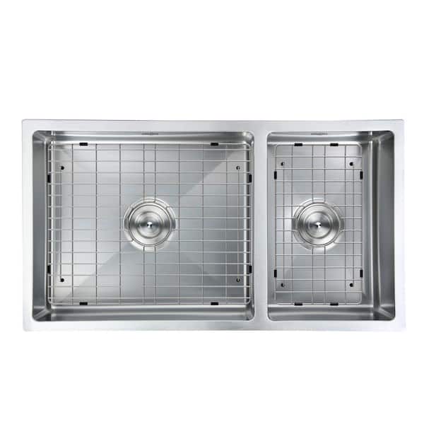 Ancona Prestige Series Undermount 32 in. Double Bowl Kitchen Sink in Satin Stainless Steel with Grids and Strainers