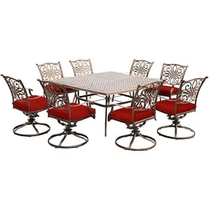 Seasons 9-Piece Metal Outdoor Dining Set in Red with Cushions Swivel Rockers and a Cast-top Square Table