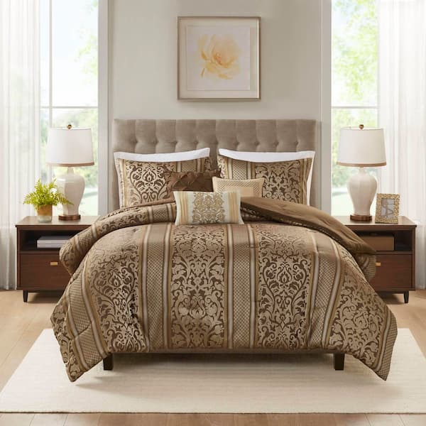 Madison Park Abigail 6-Piece Brown Polyester Full/Queen Jacquard Comforter Set with Throw Pillows