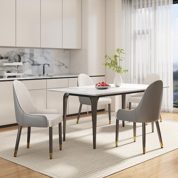 (Set of 4) Ergonomic PU Faux Leather Dining Chair Morden Desk Chair with Solid Wood Metal Legs and Backrest, Gray