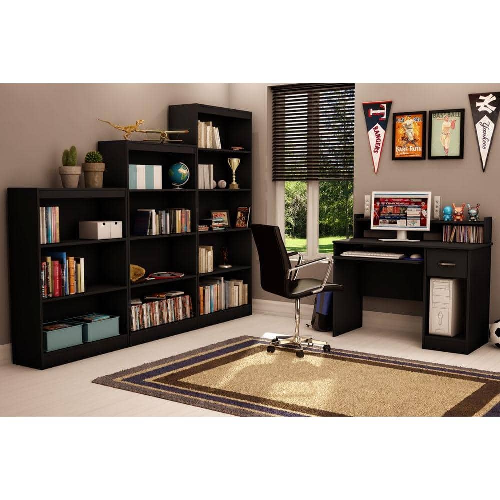 Pure Black Compact Computer Desk with Hutch and Keyboard Tray