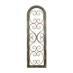 Wood Brown Arched Window Inspired Scroll Wall Decor with Metal Scrollwork Relief