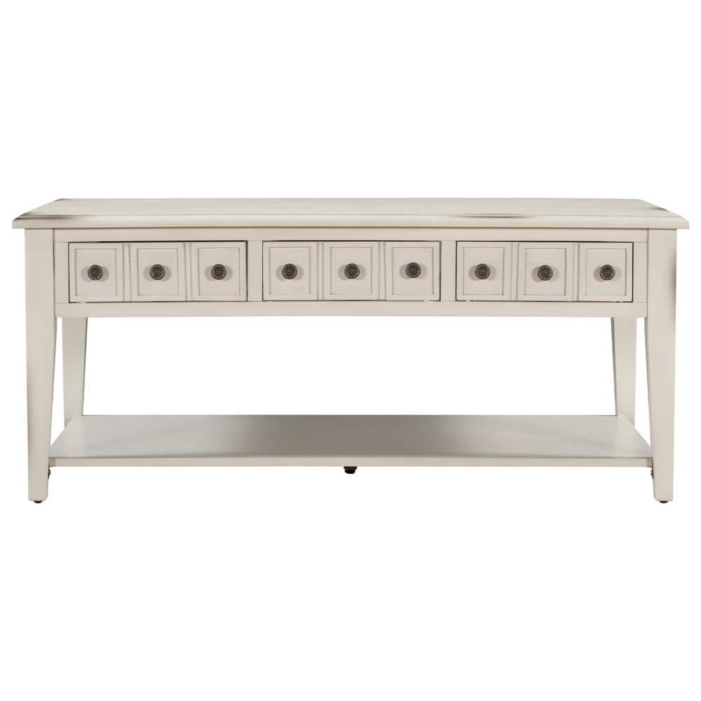 47 in. Antique White Rectangle Wood Coffee Table with Three Drawers