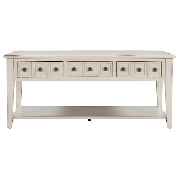 VERYKE 47 in. Antique White Rectangle Wood Coffee Table with Three Drawers