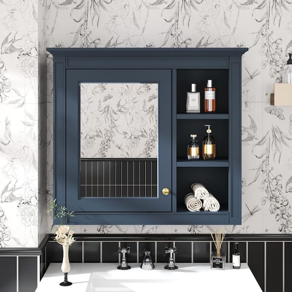 Virubi Blue 30 in. W x 28 in. H Wall Mounted Rectangular Medicine Cabinet with Mirror with Adjustable Soft-Close Hinges