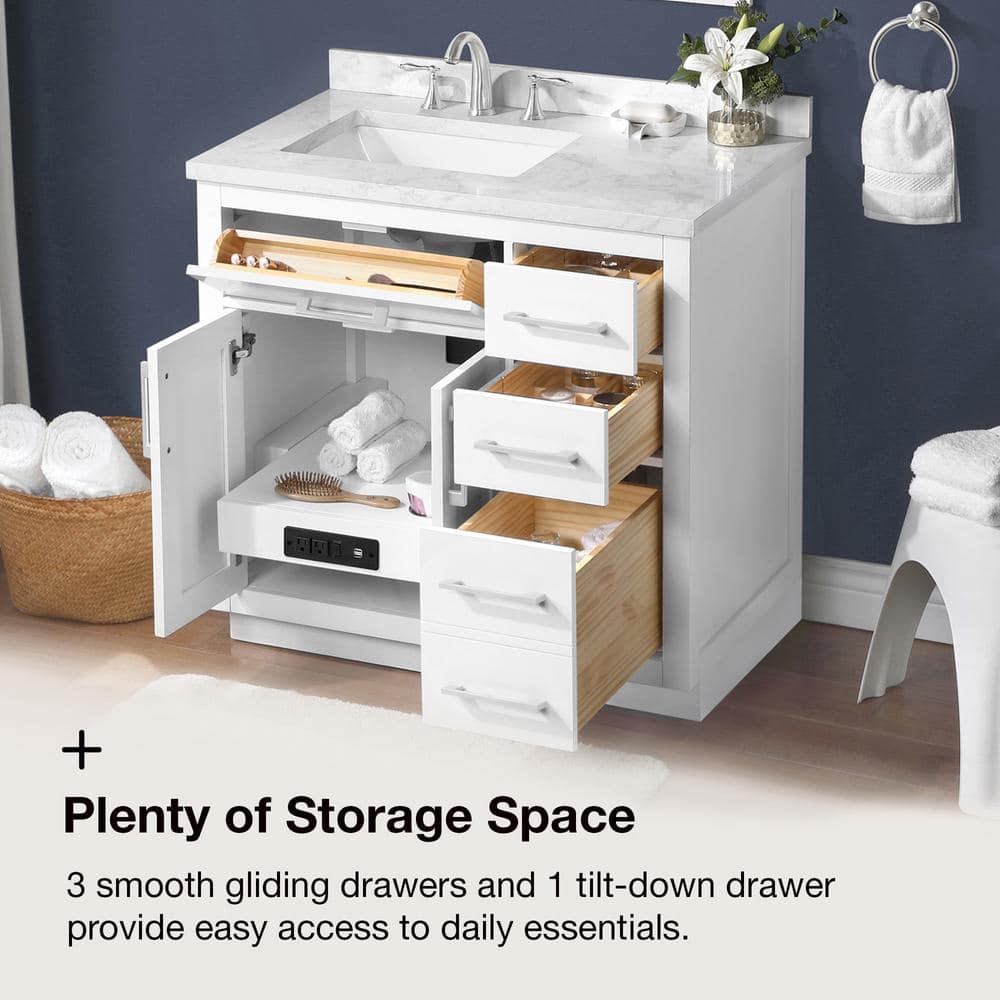 Athea 36" Pure White Freestanding Bathroom Vanity with Marble Countertop