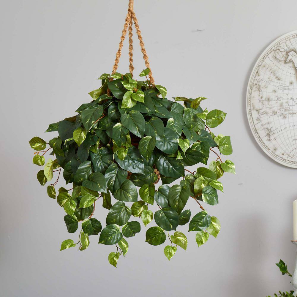 Lifelike Pothos Hanging Basket with Silk Leaves