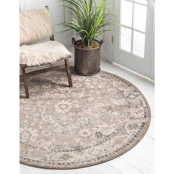 Unique Loom 6 ft Round Rug in Beige