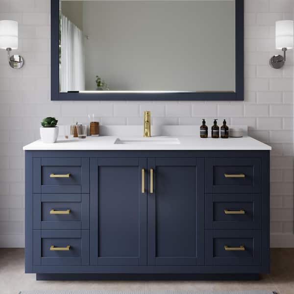 Wyndham Collection Miranda 60 in. W Single Bath Vanity in Dark Blue with Cultured Marble Vanity Top in White with White Basin and Mirror