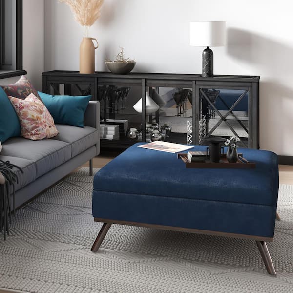 Simpli Home Owen Square Coffee Table Storage Ottoman in Distressed Dark Blue Faux Leather