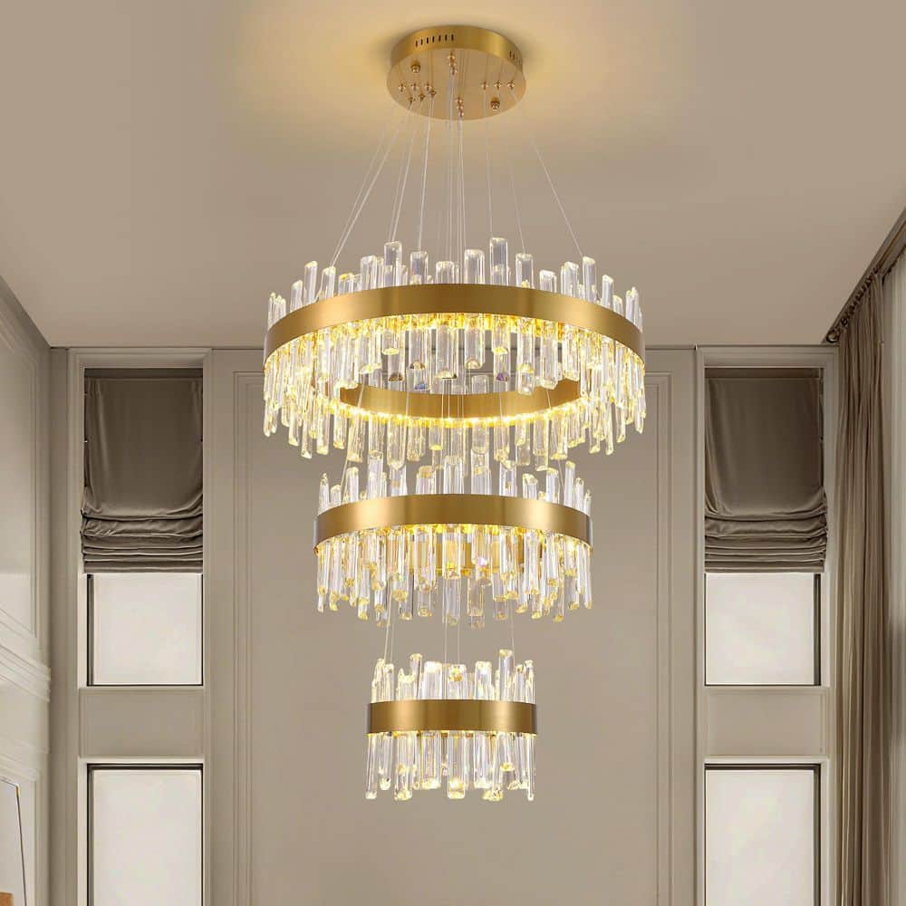28 in. Modern 3-Light Electroplated Gold Three-Layer Crystal Chandelier Chandelier for Dining Room and Living Room price history on PriceWatchPro