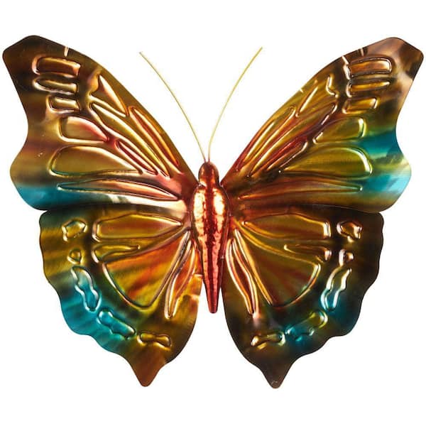 17 in. x 19 in. Multicolored Stainless Steel Butterfly with Teal and Gold Accents Metal Work