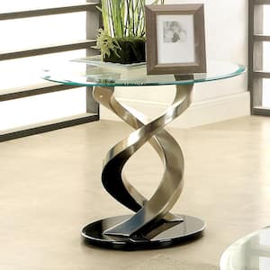 Nevington 26 in. Satin Plated and Black Round Glass Top End Table