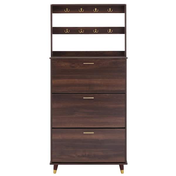 Karl home Brown Hall Tree with 3 Shoe Storage Cabinet and 8 Hooks