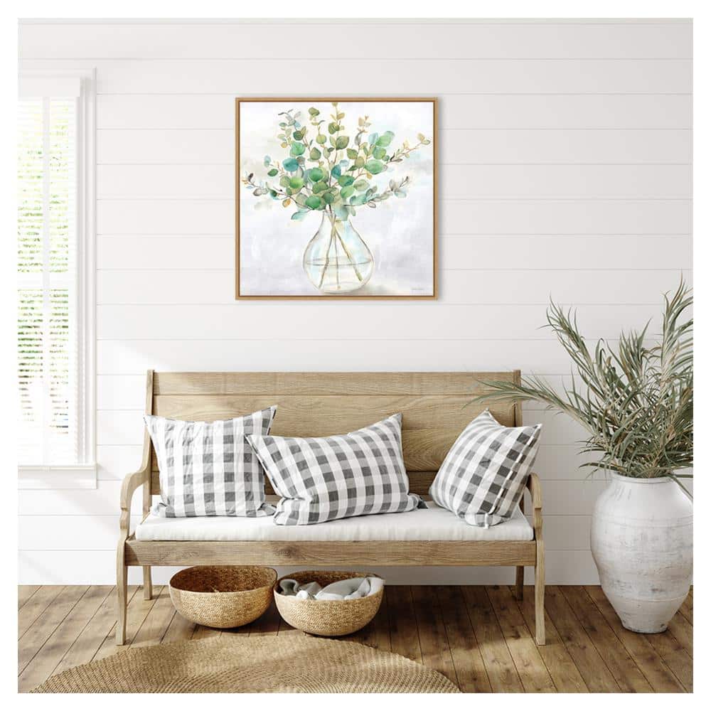 Eucalyptus Vase II Green and Brown Canvas Wall Art with Maple Frame